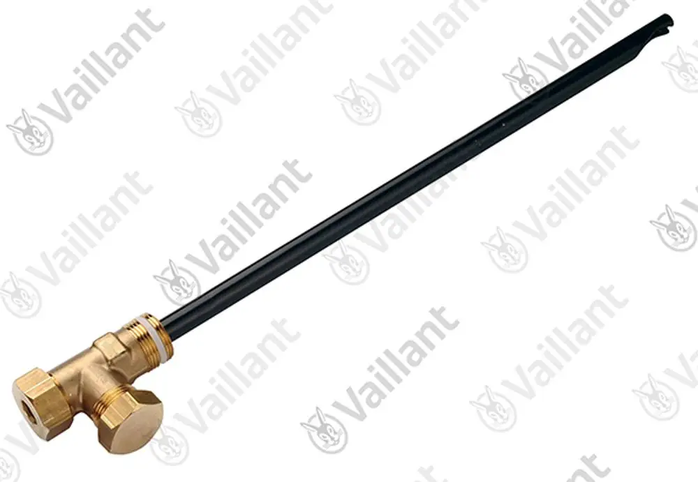 Vaillant Tauchhülse mit einem geschwungenen Metallkörper und schwarzem länglichem Schlauch, geeignet für die Montage in Heizsystemen.